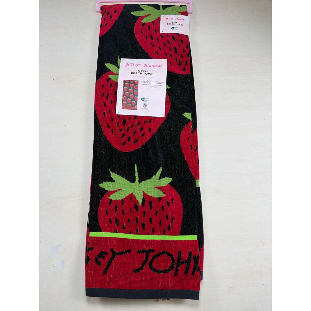 Betsey Johnson Strawberry Beach Towel Black Red 36x72 Oversized Cotton Blend NWT